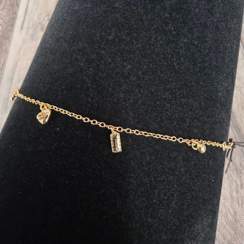 COACH Signature C Charm Bracelet 14K Gold Plated Hangtag Cubic Zirconia Gift New